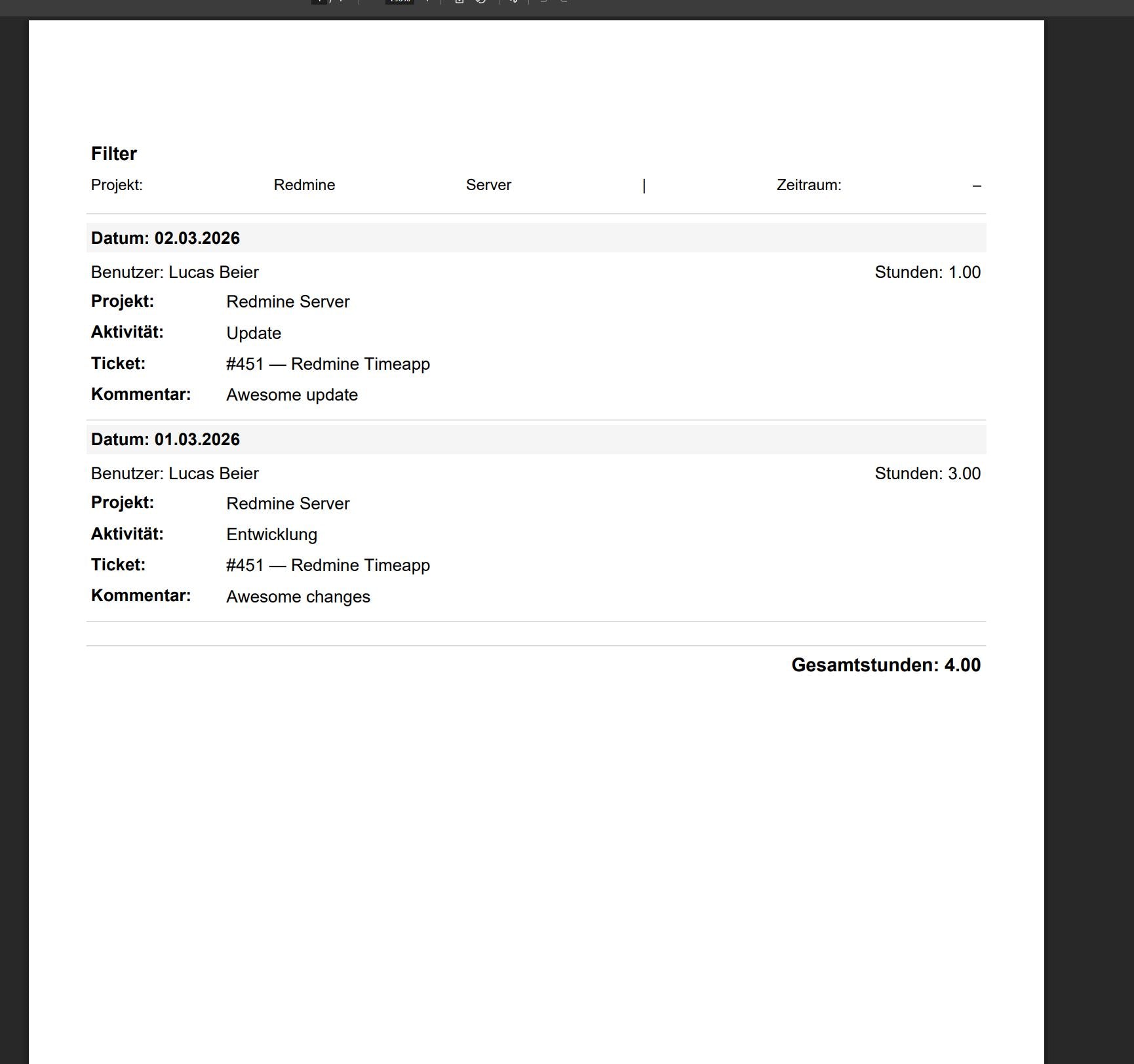 Redmine TimeReport Pro – One-Click PDF Time Reports - 12 Monate